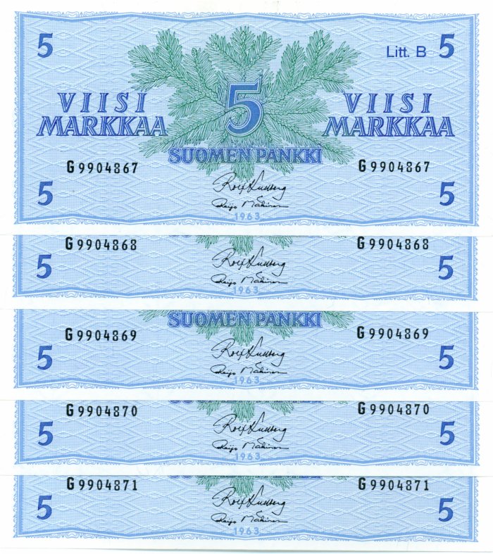 5 Markkaa 1963 Litt.B G99048XX kl.9